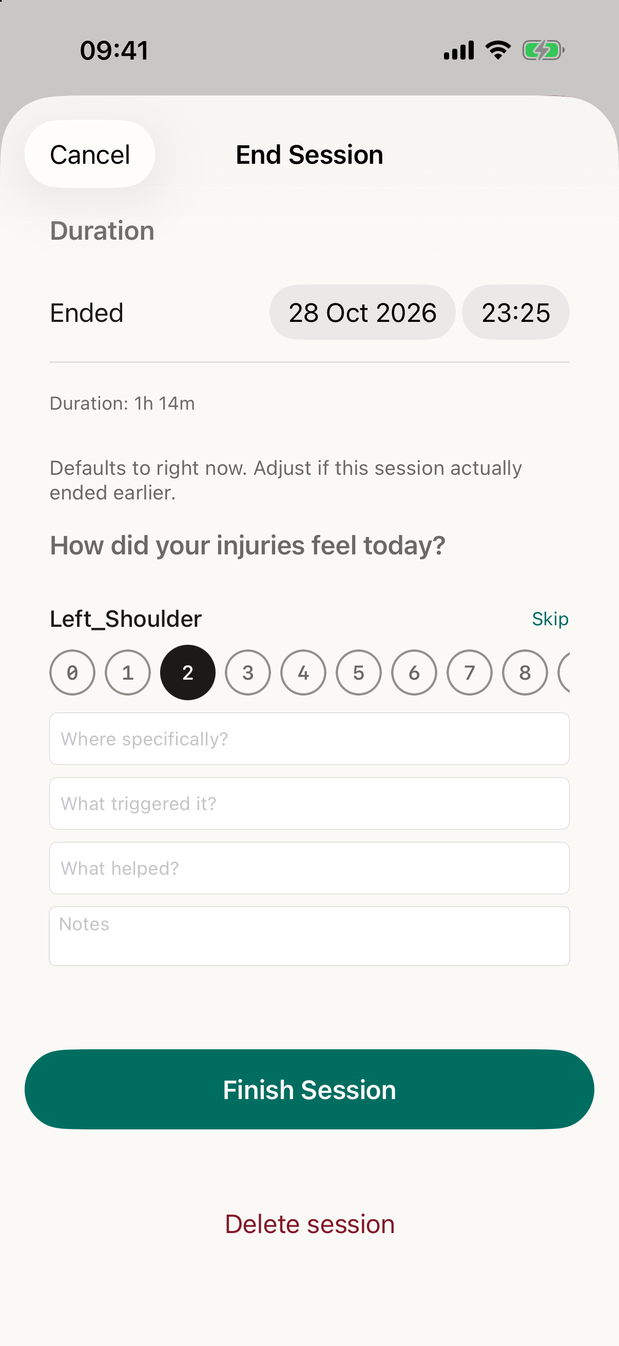 Logging pain after a session